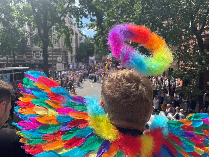 Ein Mann mit bunten Flügeln ist auf dem CSD in Hamburg